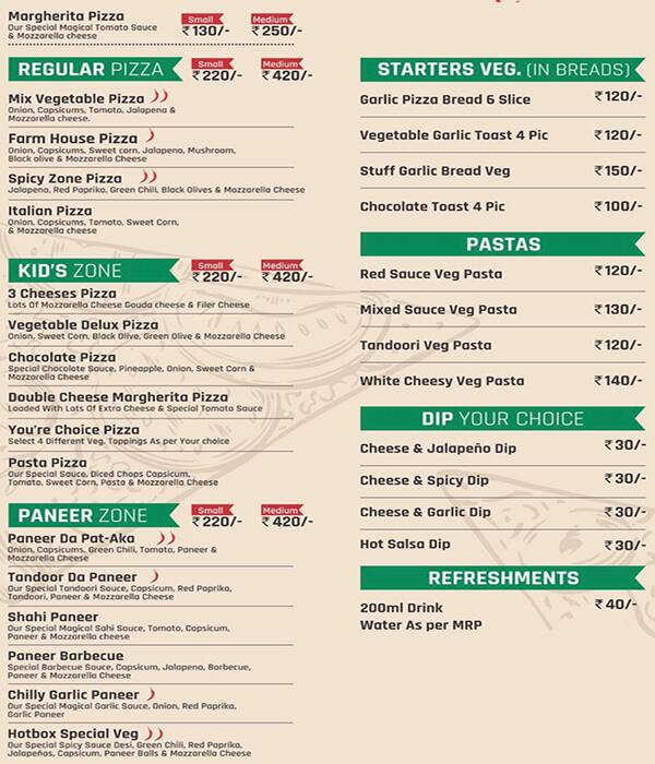 Hotbox Pizza menu