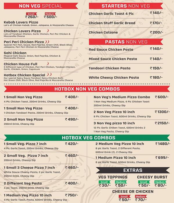 Hotbox Pizza menu