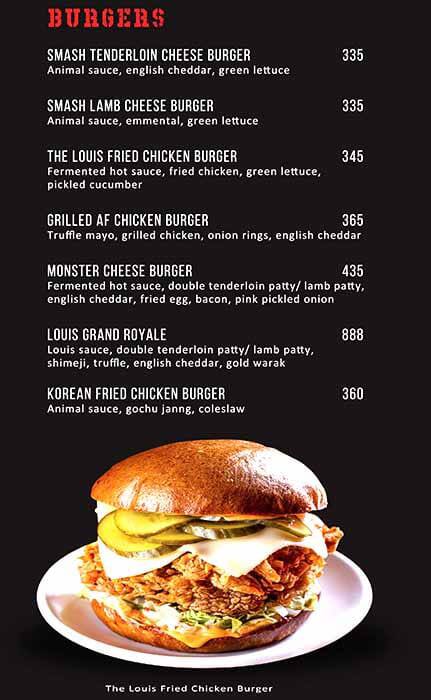 Louis Burger, Indiranagar menu