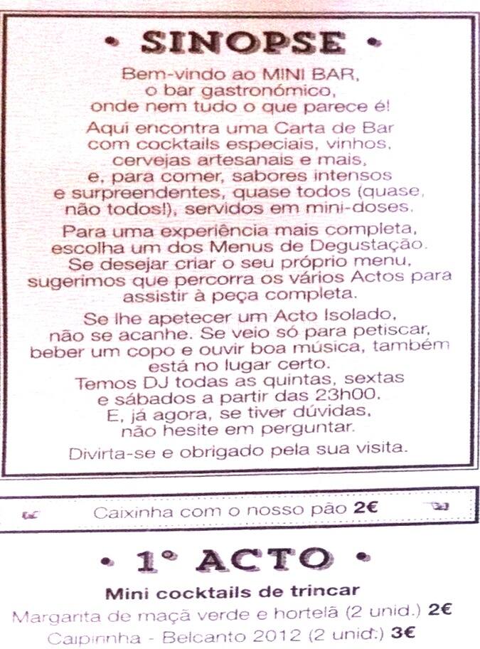 Mini Bar Menu, Menu for Mini Bar, Chiado, Lisboa Zomato Portugal