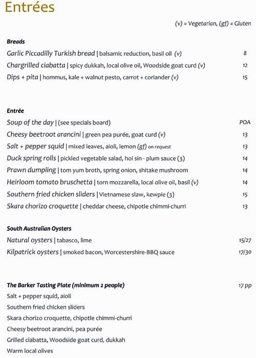The Barker Menu, Menu for The Barker, Mount Barker, Adelaide Urbanspoon/Zomato