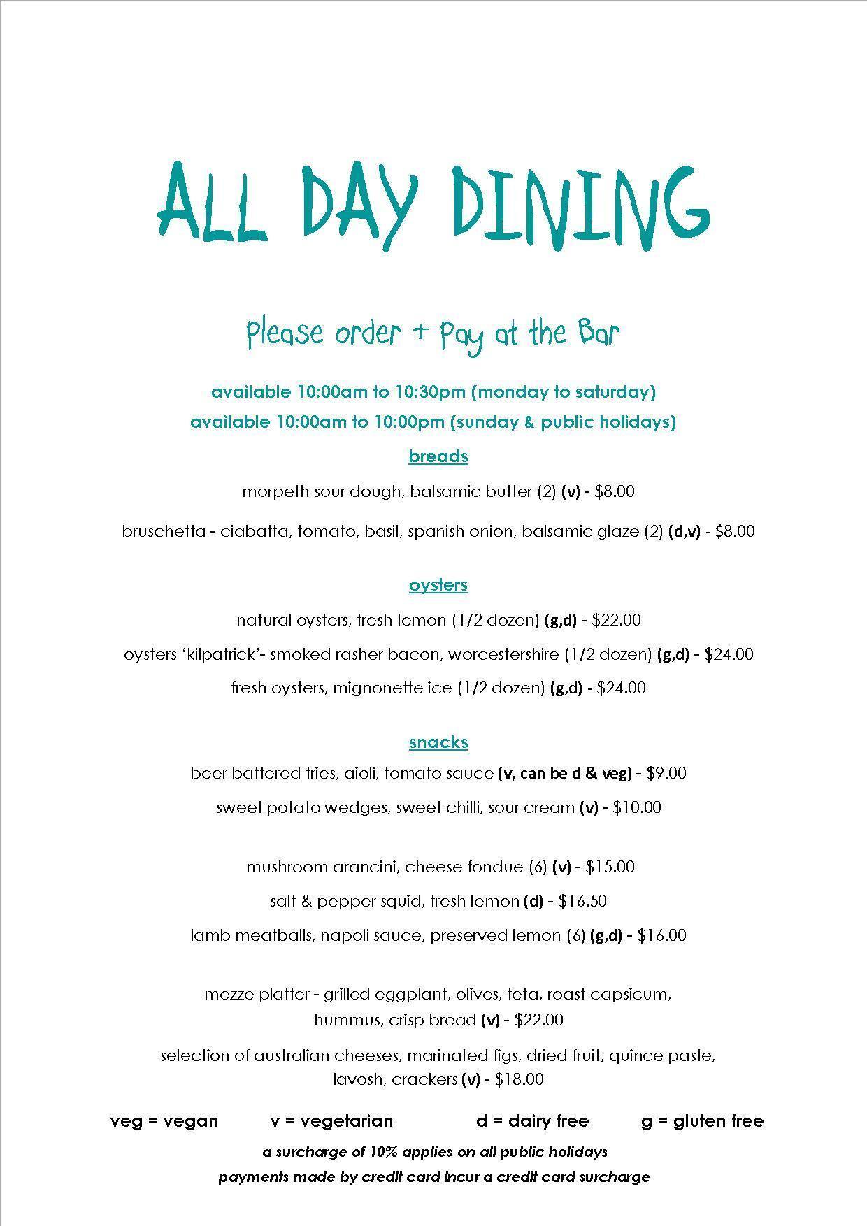 Menu at Jonah's On The Beach restaurant, Newcastle East