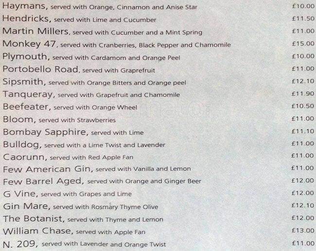 Menu at Sky Bar Waterloo H10, London