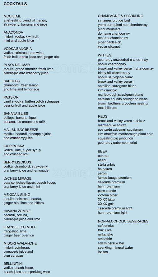 Oasis Pool Bar Menu, Menu for Oasis Pool Bar, Main Beach, Gold Coast