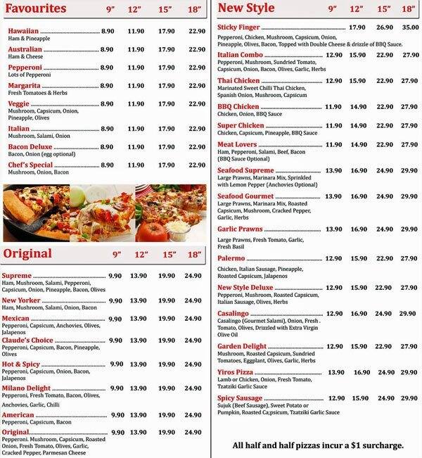 Claude's Pizza Menu, Menu for Claude's Pizza, Holden Hill, Adelaide