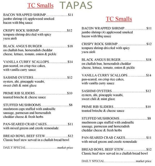 Twin Creeks Steakhouse menu, Menu restauracji Twin Creeks Steakhouse