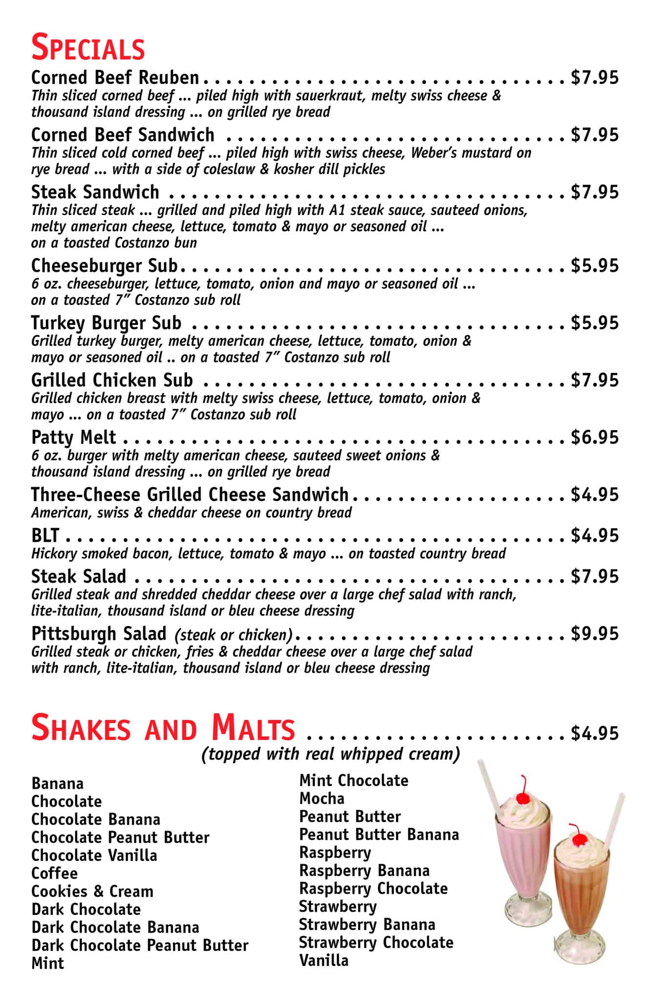 Menu at Red's restaurant, East Aurora