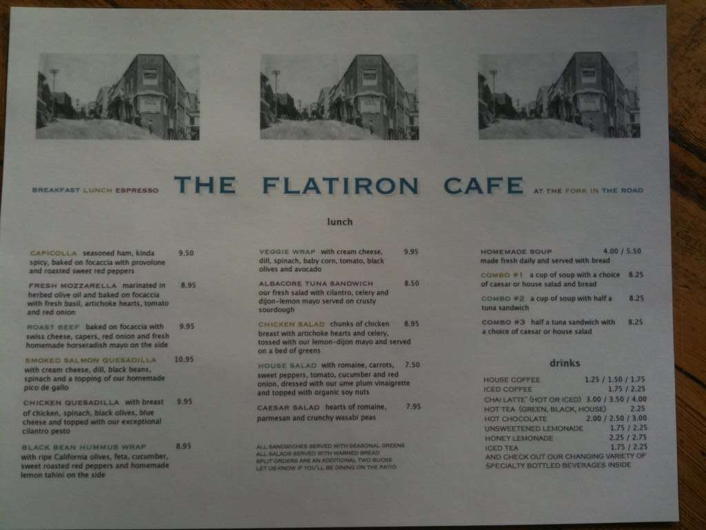 Menu at The Flatiron cafe, Jerome