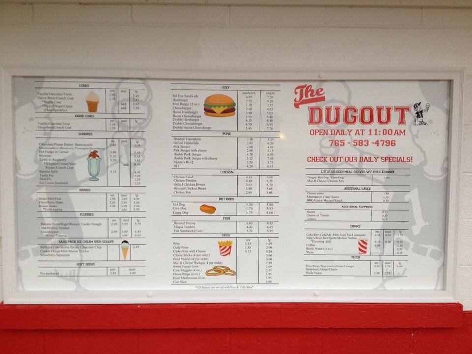 Menu at The Dugout restaurant, Otterbein