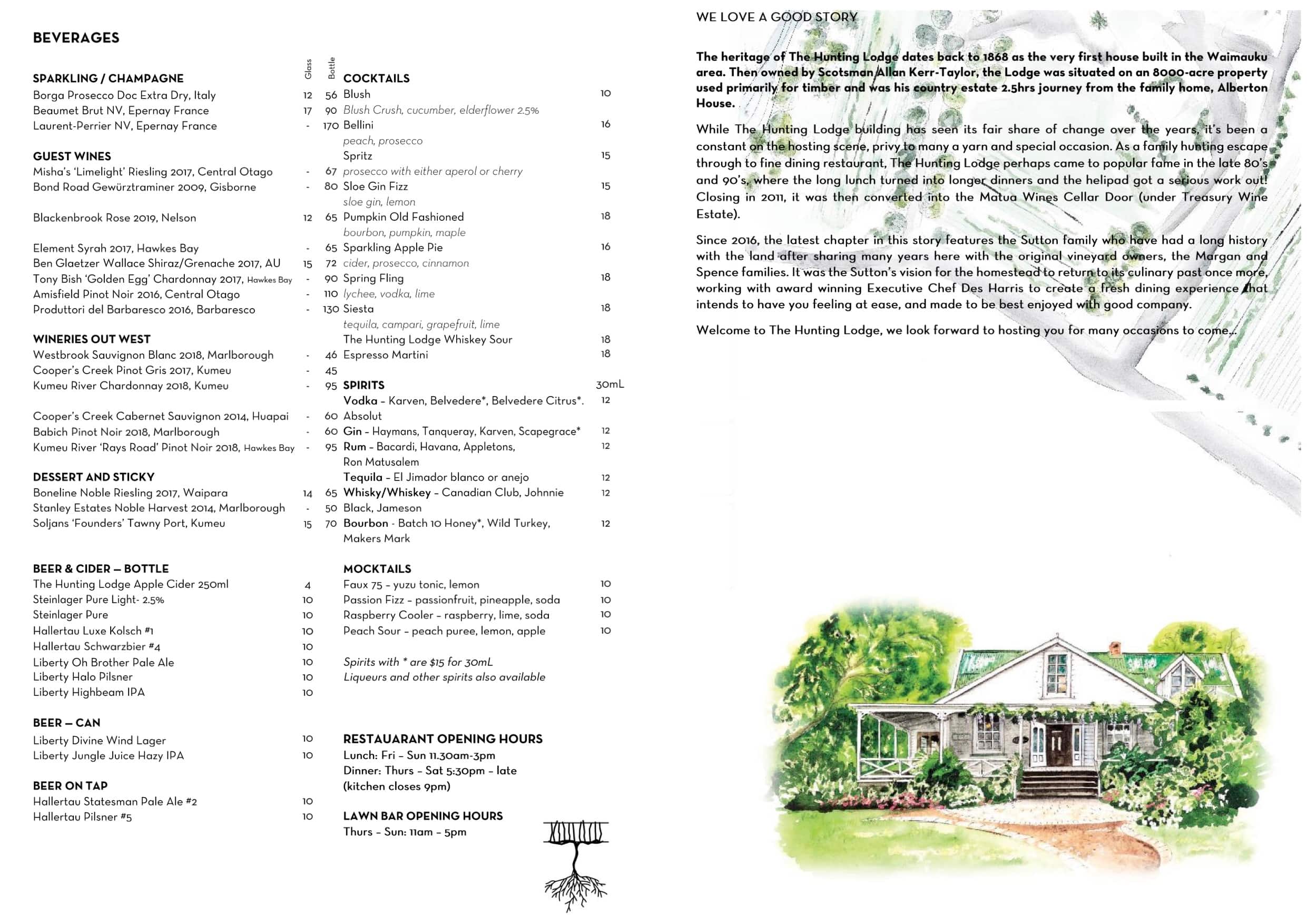 Menu at The Restaurant The Hunting Lodge, Auckland