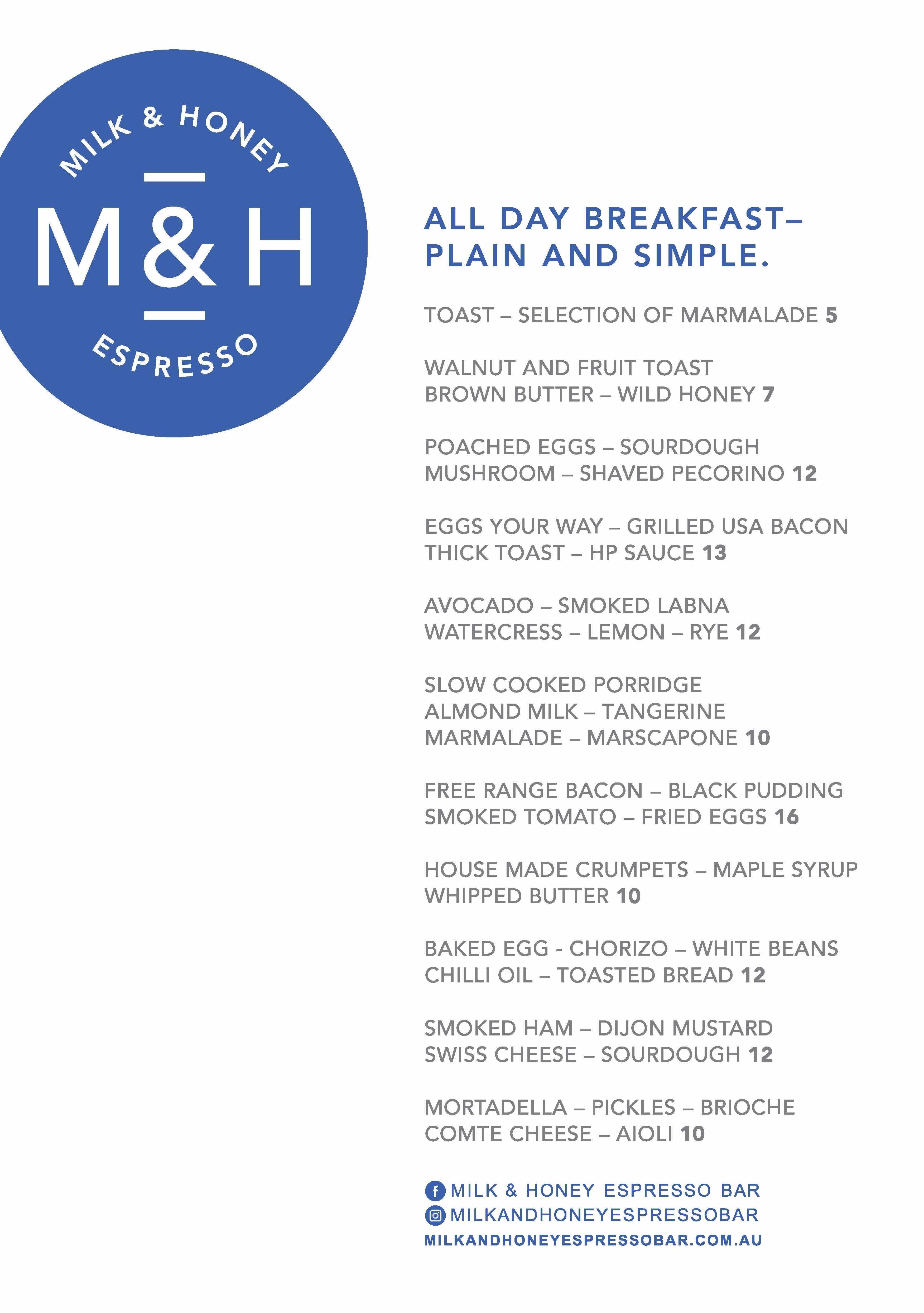 Menu at Milk & Honey Espresso cafe, Toowoomba City