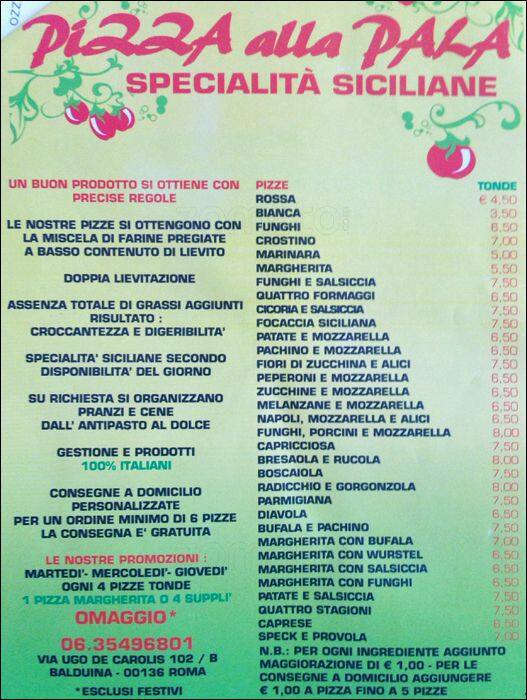 Pizza Alla Pala Menu, Menu for Pizza Alla Pala, Balduina, Roma