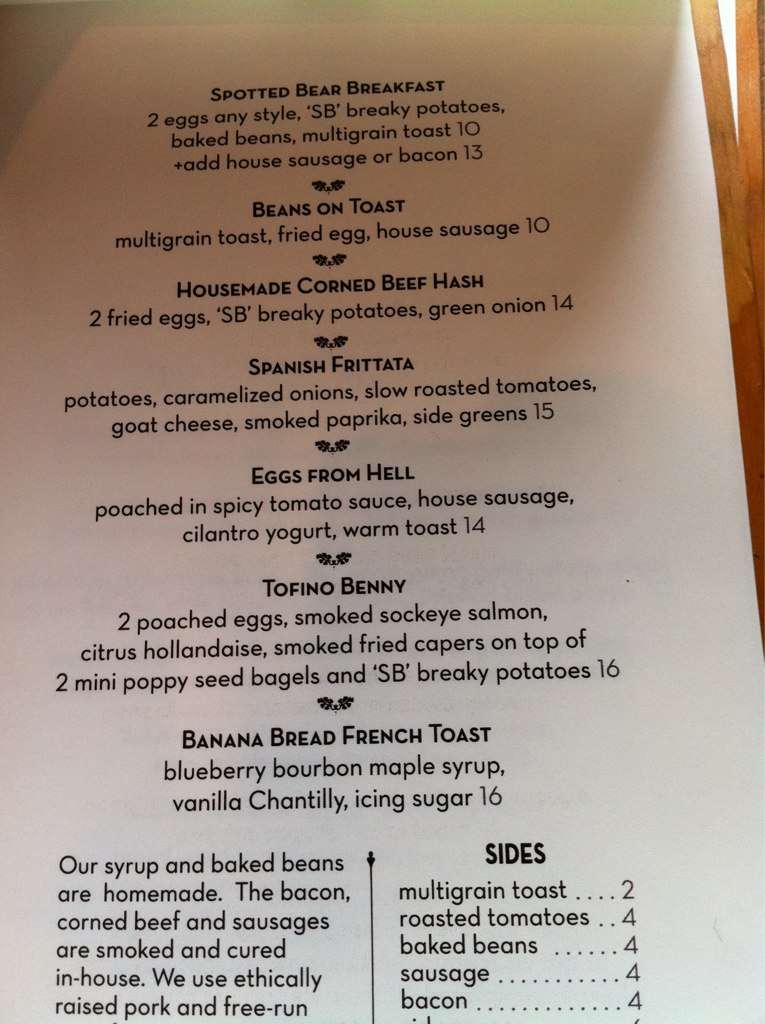 Spotted Bear Bistro Menu, Menu for Spotted Bear Bistro, Tofino, Tofino
