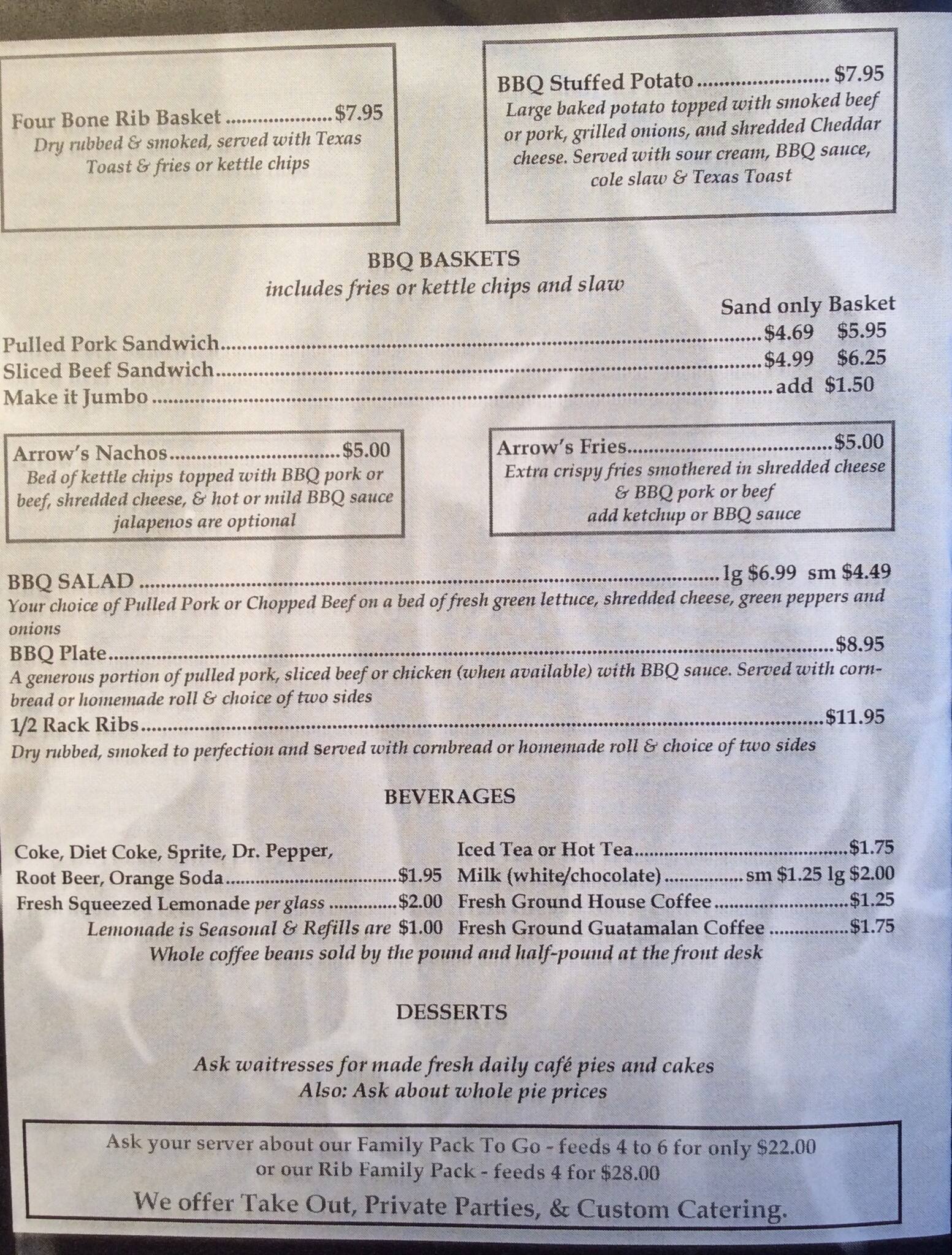 Menu at Arrow's Cafe and BBQ, Heber Springs