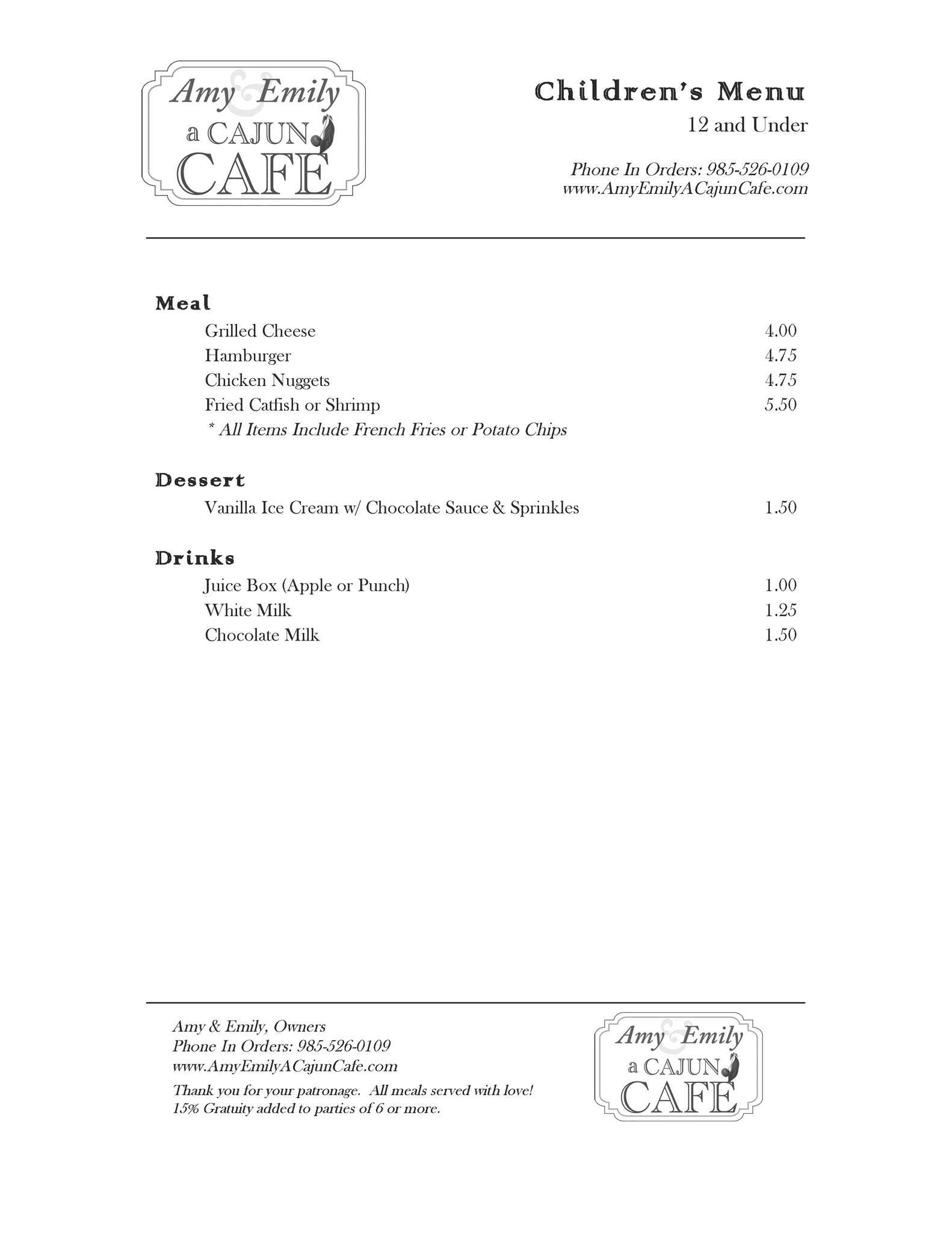 Carta de Amy & Emily a Cajun Cafe, Labadieville