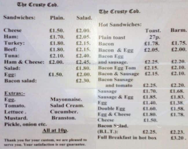 The Crusty Cob Menu, Menu for The Crusty Cob, Miles Platting