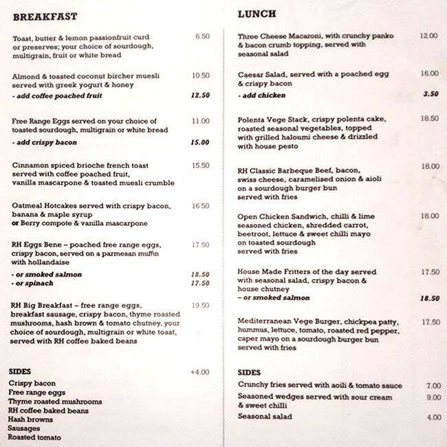 Robert Harris Menu, Menu for Robert Harris, Paraparaumu, Wellington