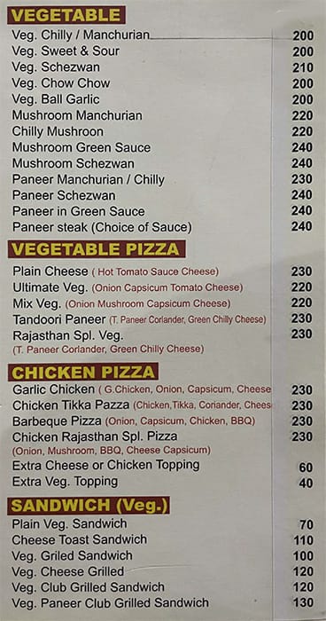 Rajasthan Restaurant menu