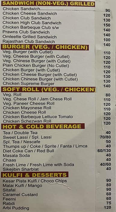 Rajasthan Restaurant menu