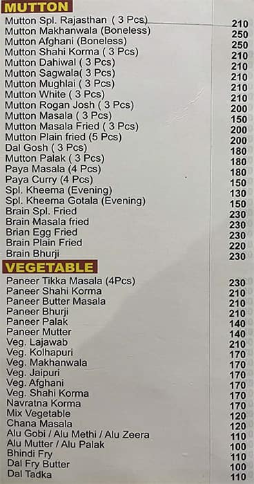 Rajasthan Restaurant menu