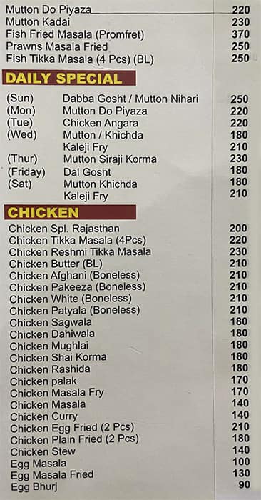 Rajasthan Restaurant menu
