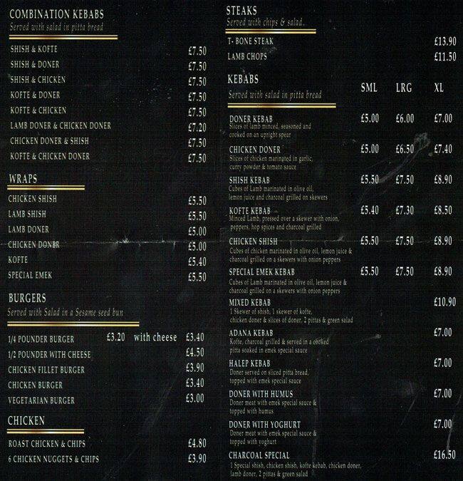Bexley Charcoal Grill menu, Menu restauracji Bexley Charcoal Grill