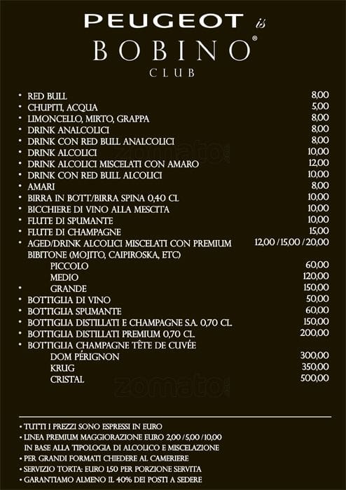 Menu di Bobino Milano 