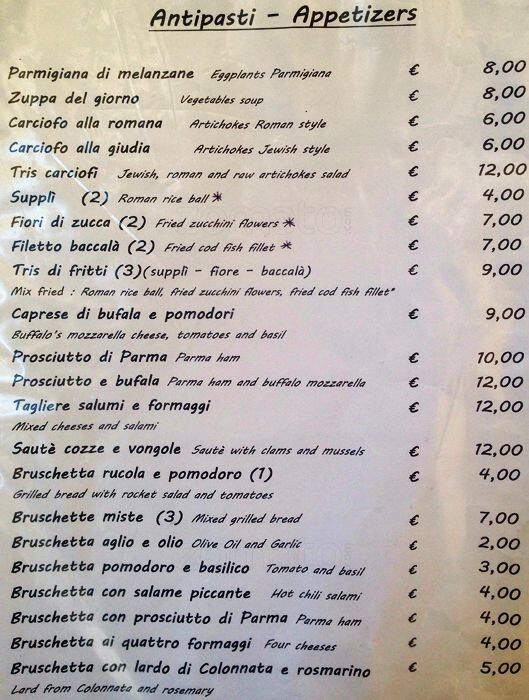 Menu di Taverna Parione 