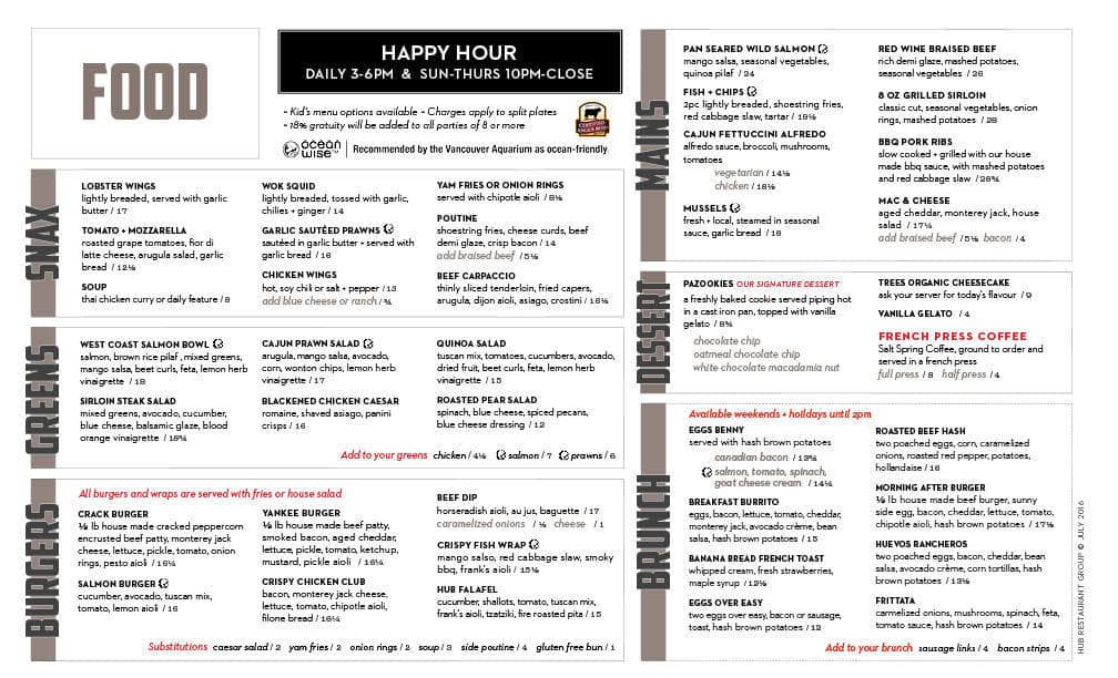 Hub Restaurant Menu, Menu for Hub Restaurant, New Westminster, Metro