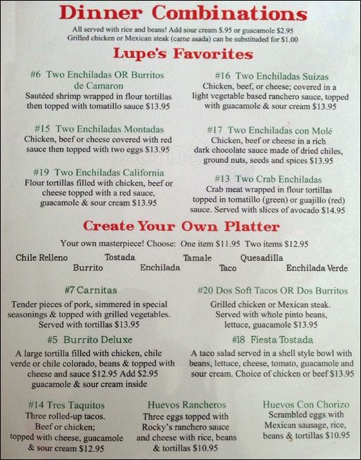 Menu at Casa Lupe restaurant, Campbell, Winchester Blvd