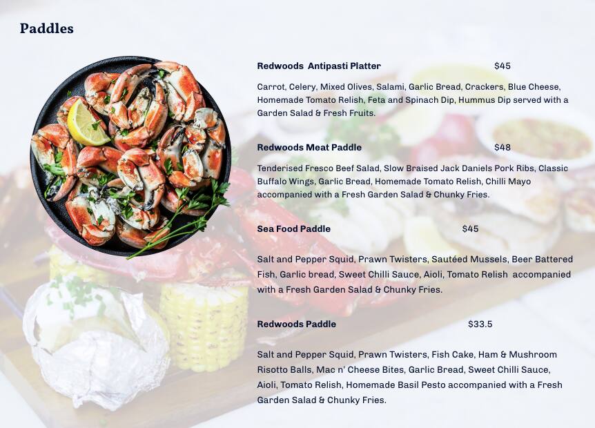 Menu at Redwoods Premium Casual Dining restaurant, Queenstown