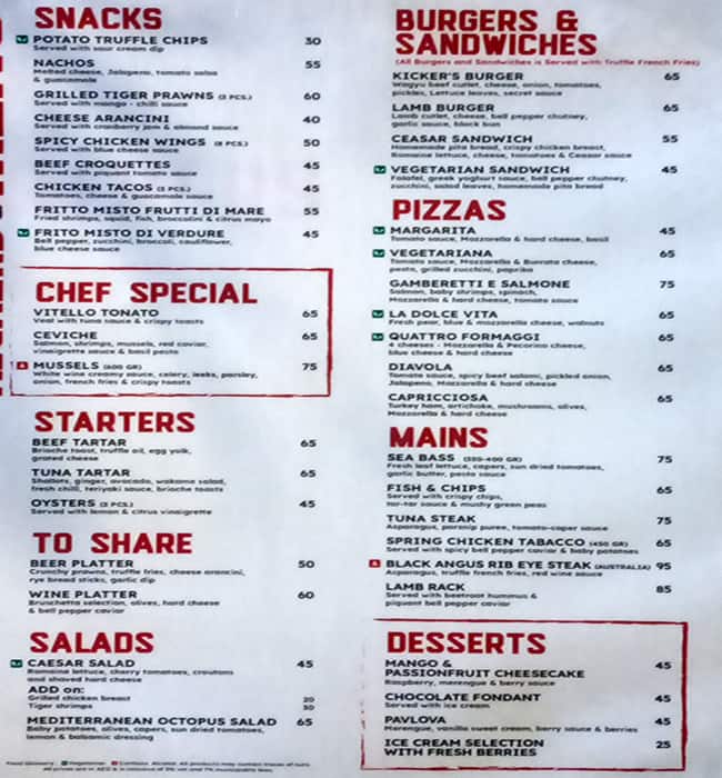 Menu of Kickers Sports Bar, Dubai Sports City, Dubai