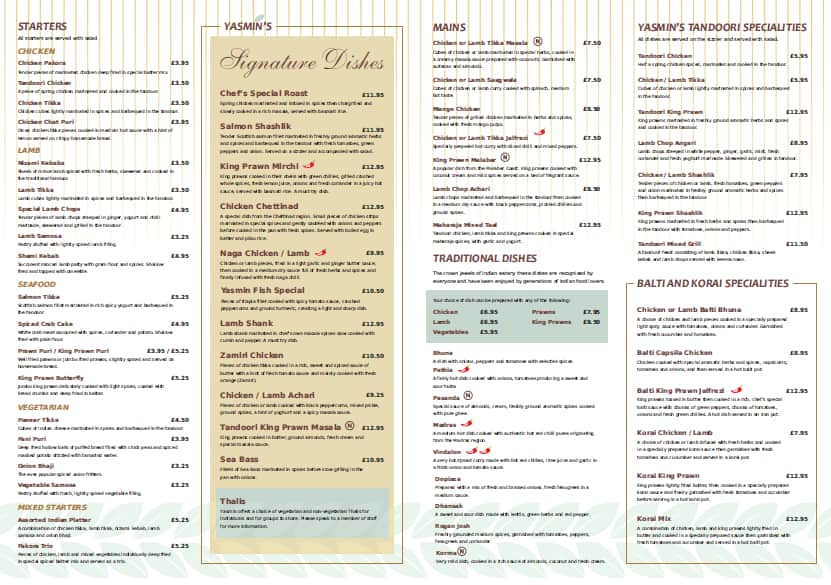 Menu at Yasmin Restaurant, Bromley, 149 Hastings Rd