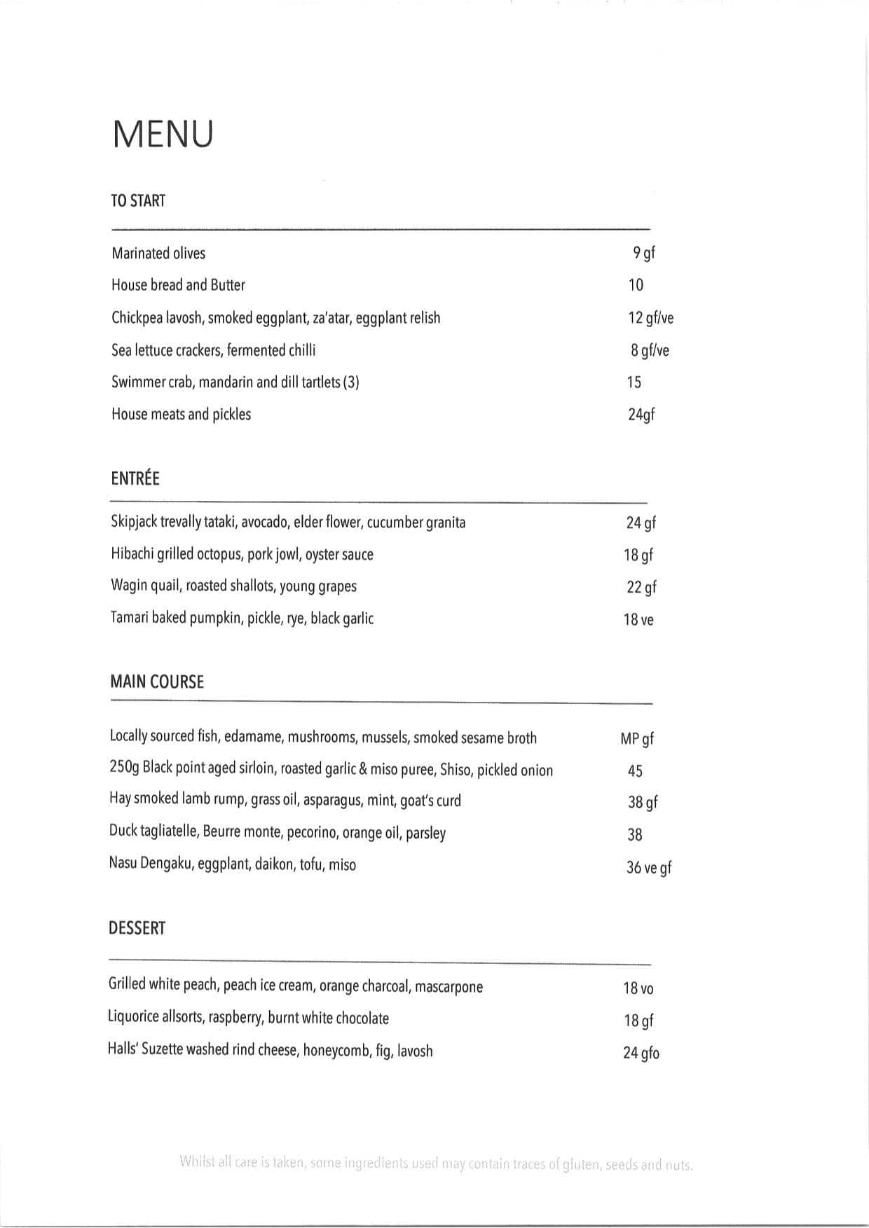 Menu at Rivendell restaurant, Yallingup