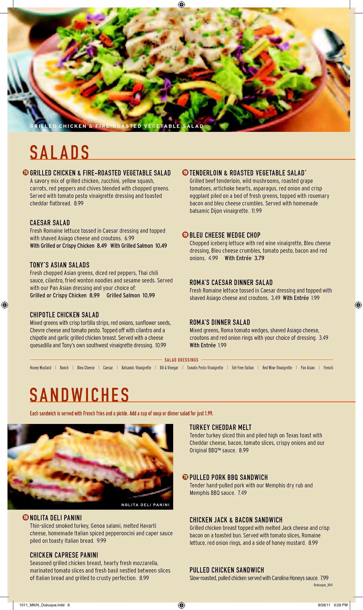 Menu at Tony Roma's BBQ, Dubuque