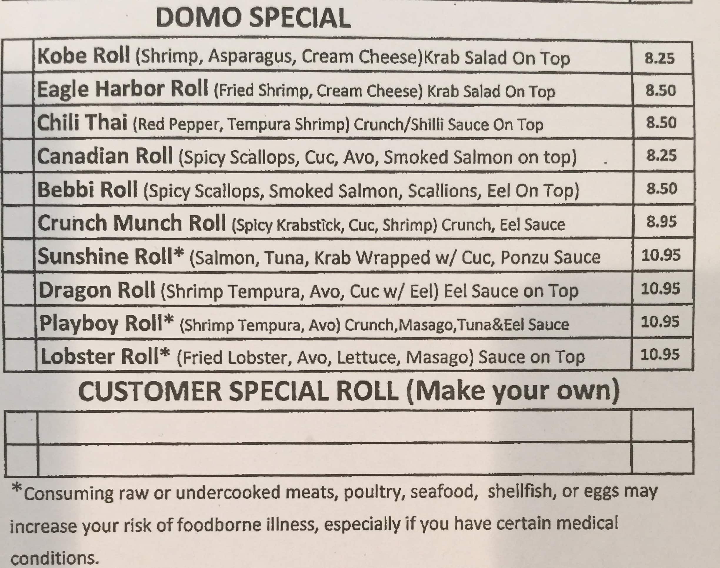 Menu at Domo Japanese Steakhouse & Sushi Bar, Fleming Island
