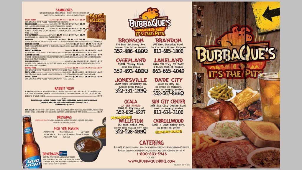 Menu at BubbaQue's BBQ, Leesville