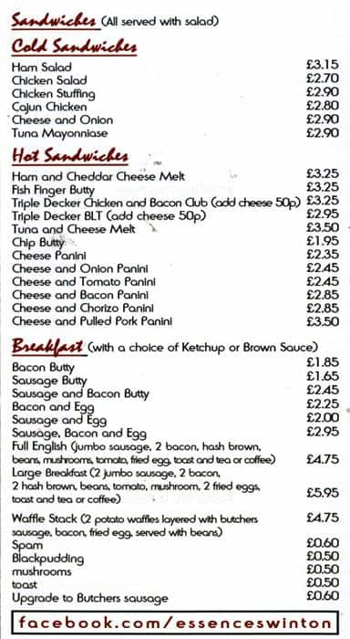 Menu at essence restaurant, Manchester, 171 Station Road