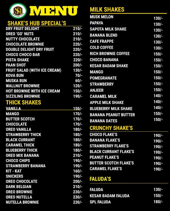 Menu of Shakes Hub, Manikonda, Hyderabad