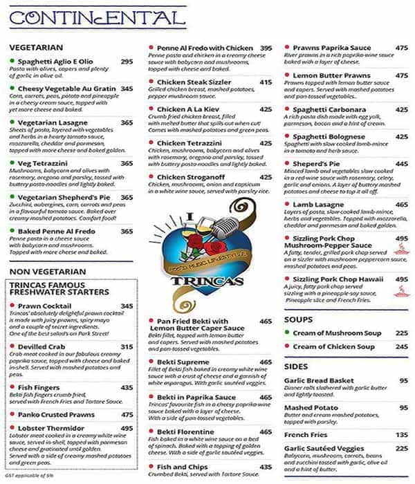The Other Room (behind Trincas) menu