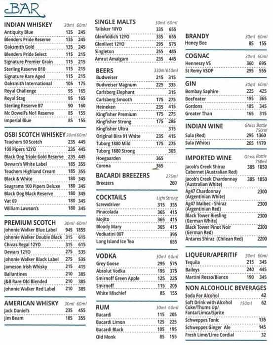 The Other Room (behind Trincas) menu