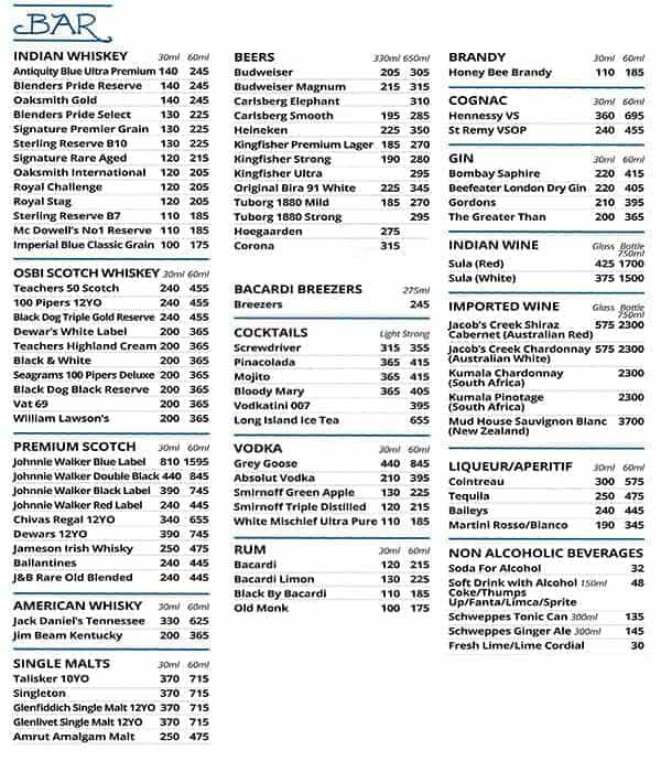 The Other Room (behind Trincas) menu