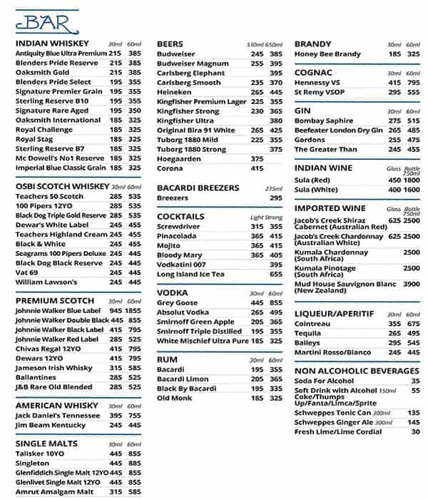 The Other Room (behind Trincas) menu