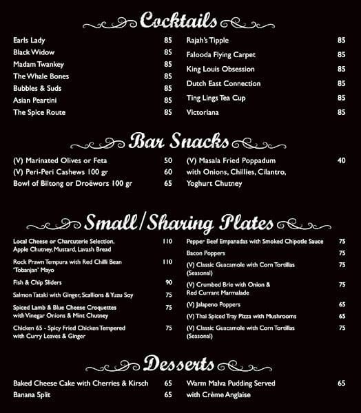 Twankey Bar - The Taj Menu, Menu for Twankey Bar - The Taj, CBD, Cape ...