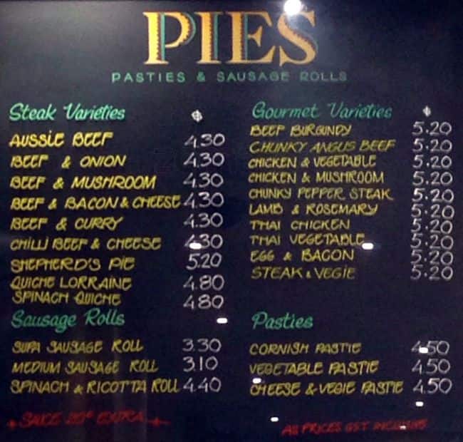 The Richmond Pie Shop a Melbourne Foto del Menu con Prezzi