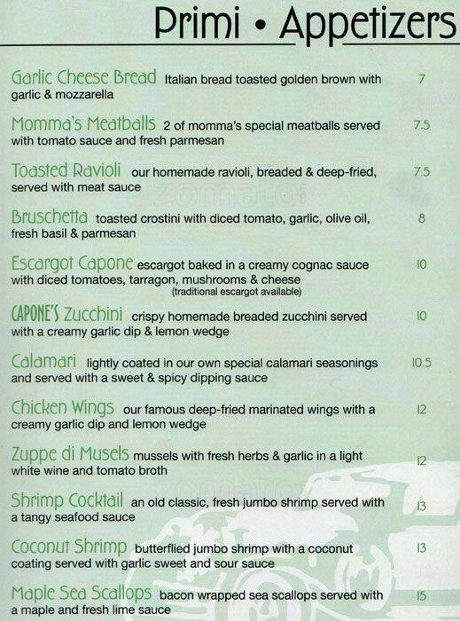 Menu at Capone’s Italian Bistro restaurant, Ottawa