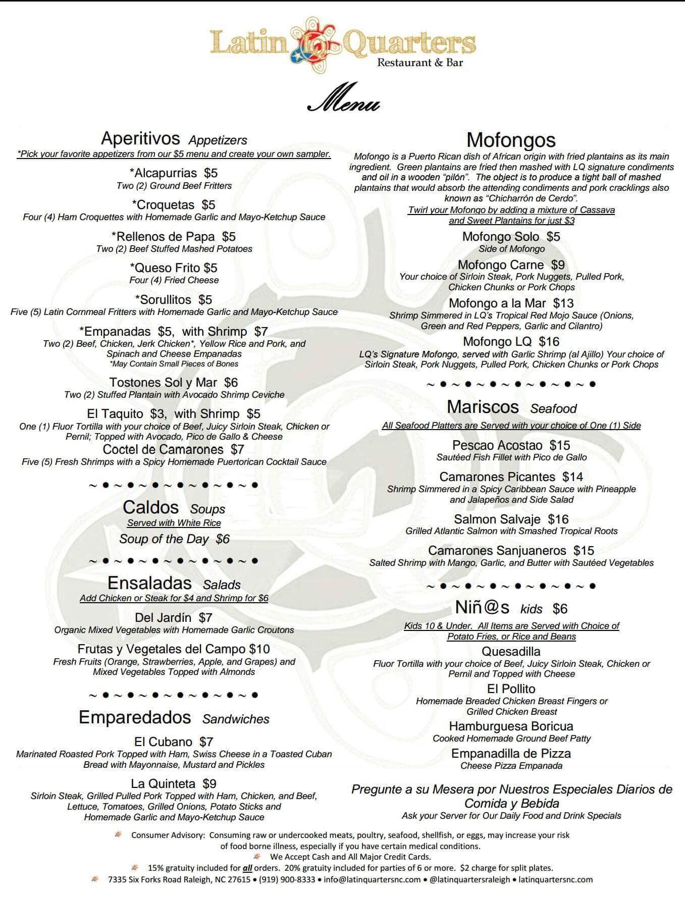 Latin Quarters menu, Menu restauracji Latin Quarters, North Raleigh, Research Triangle