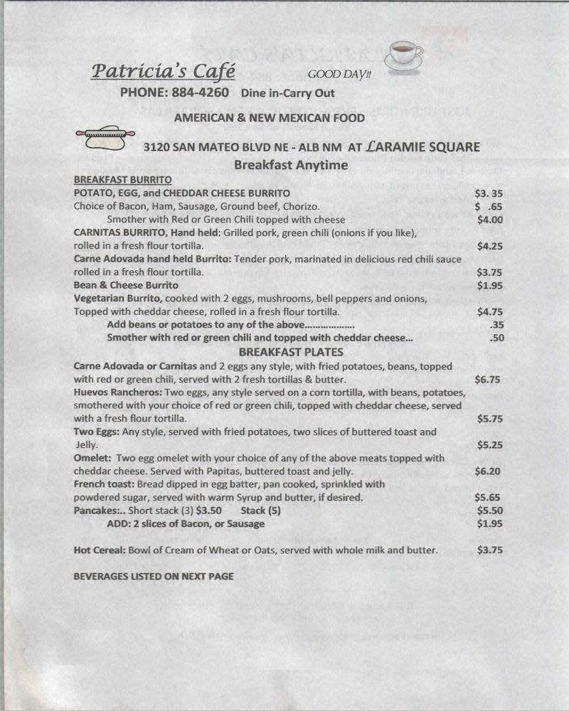 Patricia's Cafe Menu, Menu for Patricia's Cafe, Midtown, Albuquerque