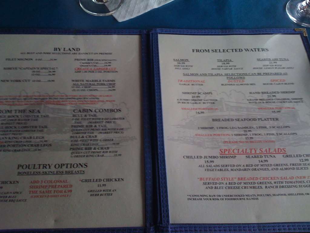 Menu at Captain's Cabin pub & bar, Angola