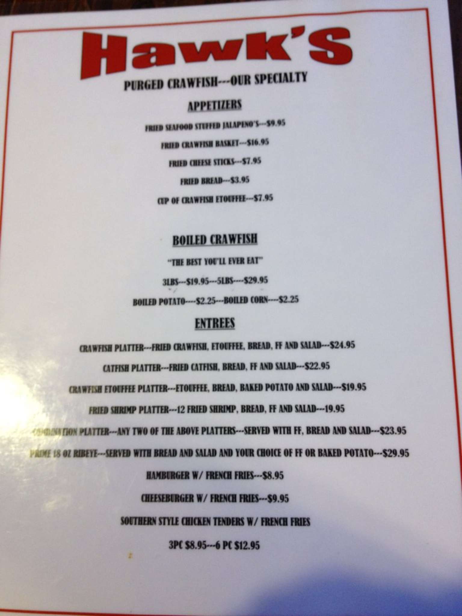 Hawk's Restaurant Menu, Menu untuk Hawk's Restaurant, Rayne, Lafayette